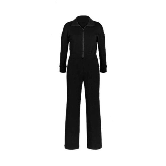 Spanx AirEssentials Long Sleeve Wide Leg Jumpsuit Black Zip-Up V-Neck Romper LP - Picture 9 of 13